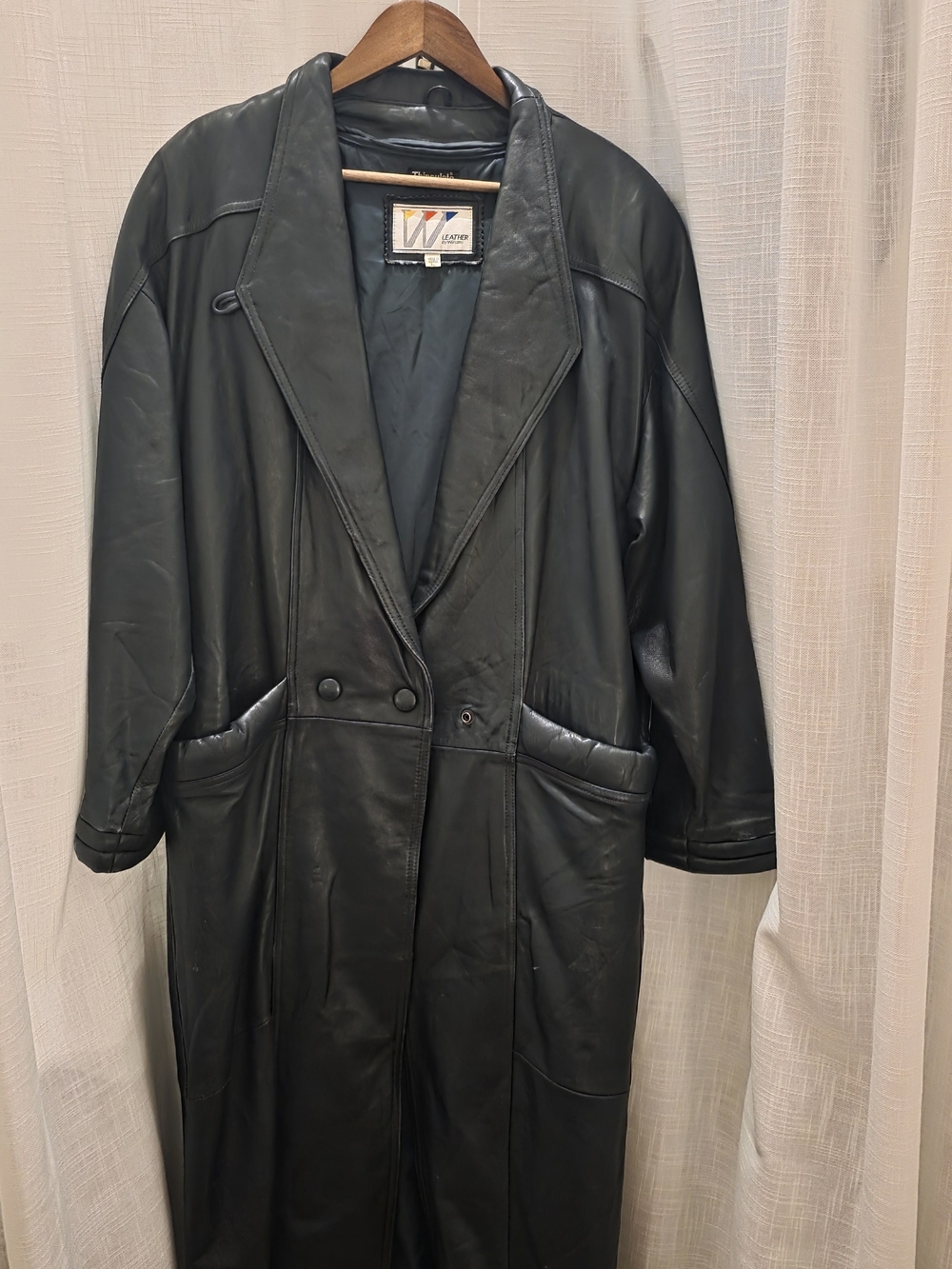 Wilsons Leather Black Long Leather Coat with Double-Breasted Front